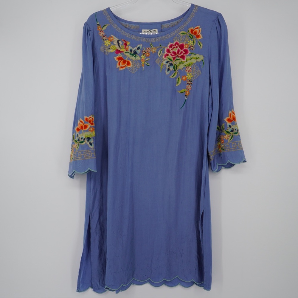 Paparazzi Embroidered Tunic Dress Womens Small Bohemian Coastal Blue Floral